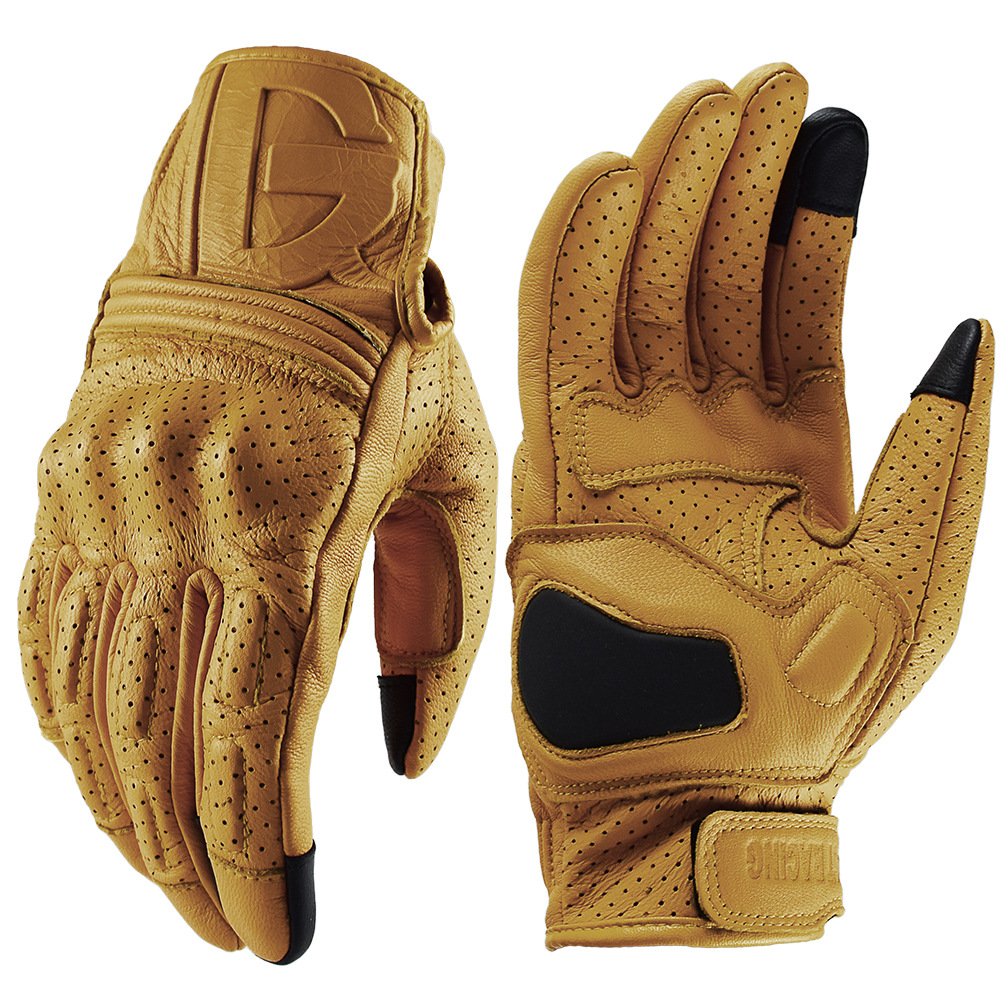 Yellow Cycling Gear - Gants de moto vintage en cuir